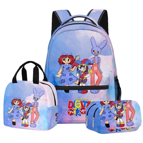 NEWOK Pomni Und Jax Doppelschichtige Schultasche Sets, Bleistifttasche, Lunch Bag, Rucksack, 3-teiliger Kinder Schulrucksack. (Color17,40x30x17cm) von NEWOK