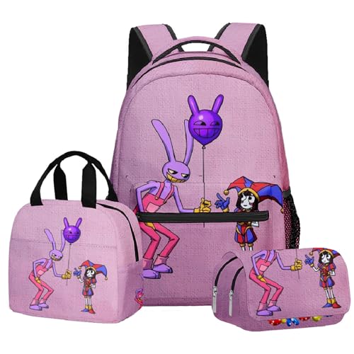 NEWOK Pomni Und Jax Doppelschichtige Schultasche Sets, Bleistifttasche, Lunch Bag, Rucksack, 3-teiliger Kinder Schulrucksack. (Color7,40x30x17cm) von NEWOK