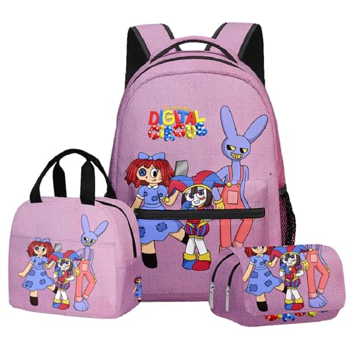 NEWOK Pomni Und Jax Doppelschichtige Schultasche Sets, Bleistifttasche, Lunch Bag, Rucksack, 3-teiliger Kinder Schulrucksack. (Color9,40x30x17cm) von NEWOK