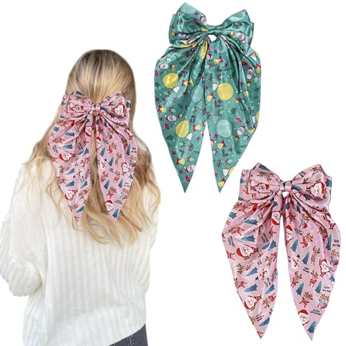 Weihnachts-Haarschleifen, Weihnachtsmann-Elch-Design, Weihnachts-Haarspange für Damen, rosa und grün, Haarschleife, rutschfest, große Schleife, Haarschmuck, Weihnachtsschmuck für Weihnachten, Urlaub, von NEWSPIED