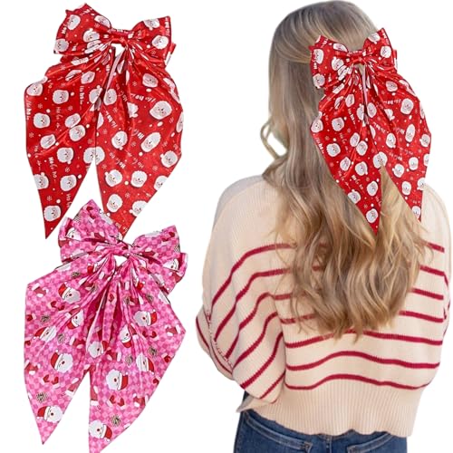 Weihnachtsschleifen Haarspangen, Weihnachts-Haarschmuck für Damen, rosa und rot, große Haarschleife, niedliches Weihnachtsmann-Muster, Weihnachts-Haarspangen, langer Schwanz, Schleife, Haarbänder, von NEWSPIED