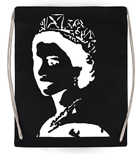 NEWTEE Englisch Queen Young Schwarze Turnbeutel-Baumwollwiederverwendbare Kordelzug-Sporttasche von Newtee