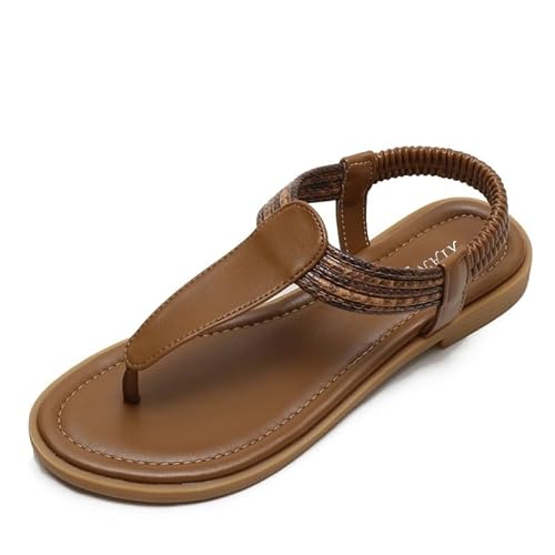 NEWWAN Damen-Sandalen mit niedrigem Keilabsatz und Knöchelriemen, Bohemian-Sommer-Flachsandalen, Sommer-Damen-Sandalen, bequeme Strand-Flip-Flops (Color : Brown, Size : 36 EU) von NEWWAN