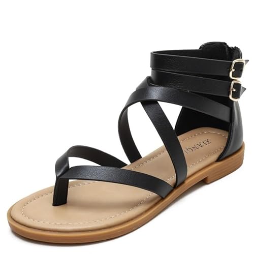 NEWWAN Damen-Sommersandalen, elegante, flache, bequeme Sandalen, Sommer-Damensandalen, offene Zehen, Damenmode, Freizeitschuhe (Color : Black, Size : 37 EU) von NEWWAN