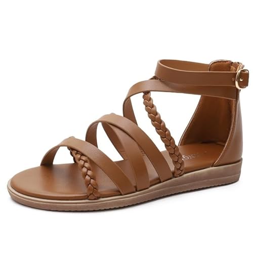 NEWWAN Damen Wide Slide Flache Sandalen Bequeme flache Mode Freizeitschuhe Bohemia Flip Flops Strand Sommer Offene Spitze Damen 2cm (Color : Brown, Size : 36 EU) von NEWWAN