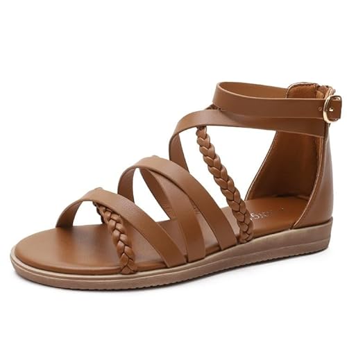 NEWWAN Damen Wide Slide Flache Sandalen Bequeme flache Mode Freizeitschuhe Bohemia Flip Flops Strand Sommer Offene Spitze Damen 2cm (Color : Brown, Size : 37 EU) von NEWWAN