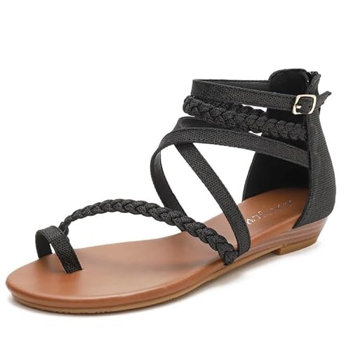 NEWWAN Offene Zehen-Damenmode, Freizeitschuhe, breite Damen-Rutsche, flache Sandalen, böhmische Sommer-Damensandalen, bequeme Strand-Flip-Flops (Color : Black, Size : 36 EU) von NEWWAN