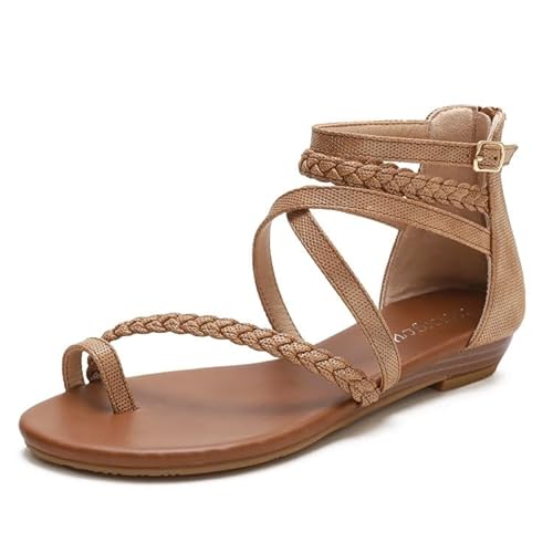 NEWWAN Offene Zehen-Damenmode, Freizeitschuhe, breite Damen-Rutsche, flache Sandalen, böhmische Sommer-Damensandalen, bequeme Strand-Flip-Flops (Color : Brown, Size : 36 EU) von NEWWAN