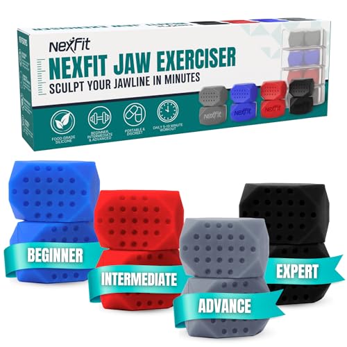 NexFit Kiefertrainer für Männer & Frauen - 4-stufiger Widerstand Gesicht & Hals Toning Gerät - Lebensmittelqualität Silikon Doppelkinn Reduzierer - 8-teiliges Kit mit Tragetaschen - Kompaktes, von NEXFIT