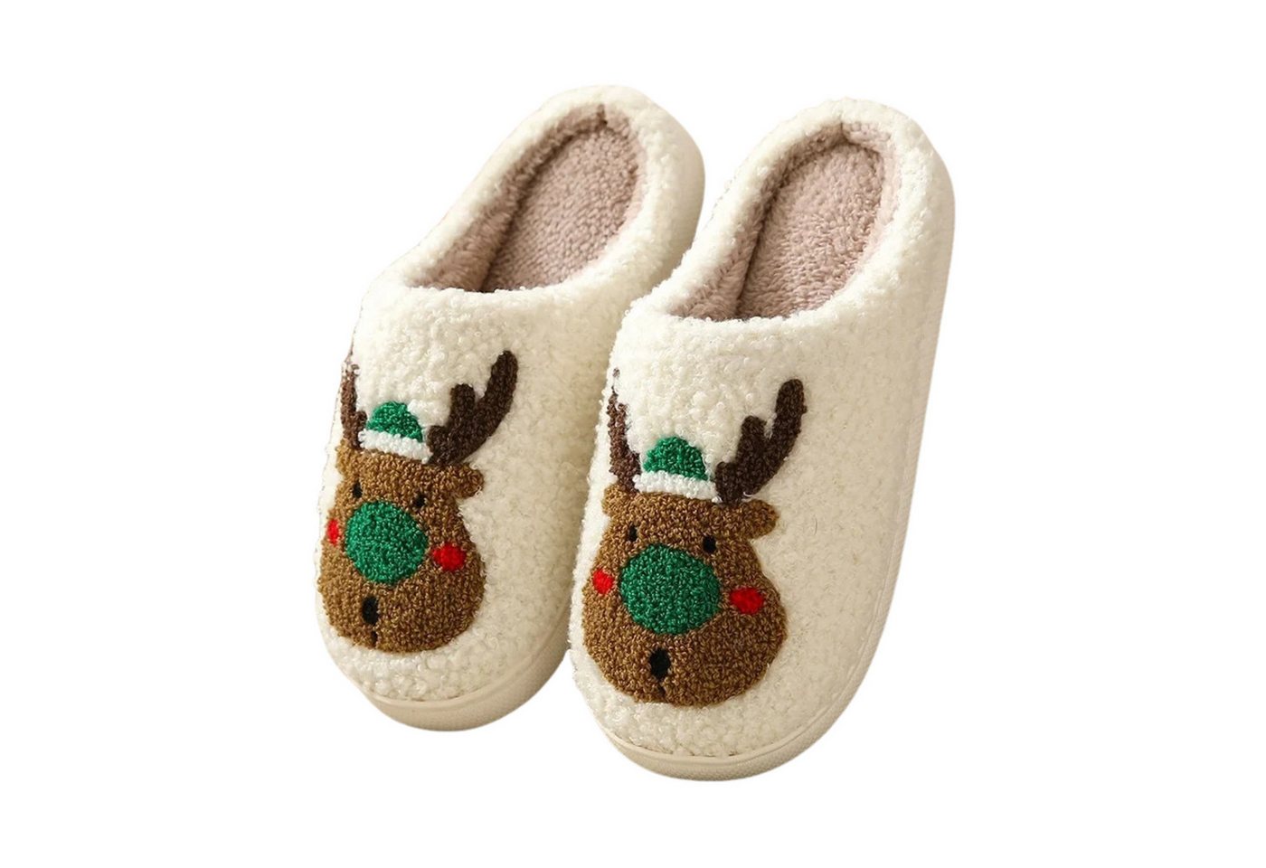 NEXORA Flauschige Damen Hausschuhe mit Rentier-Stickerei – kuschelig warm Plüsch Hausschuhe (Paar) kuschelige Hausschuhe mit weihnachtlichem Rentier-Motiv von NEXORA