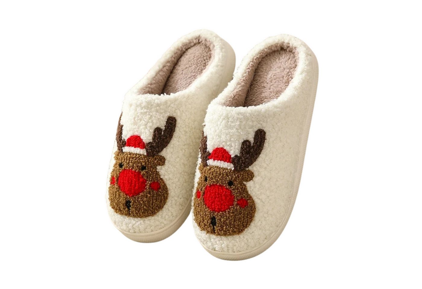 NEXORA Flauschige Damen Hausschuhe mit Rentier-Stickerei – kuschelig warm Plüsch Hausschuhe (Paar) kuschelige Hausschuhe mit weihnachtlichem Rentier-Motiv von NEXORA