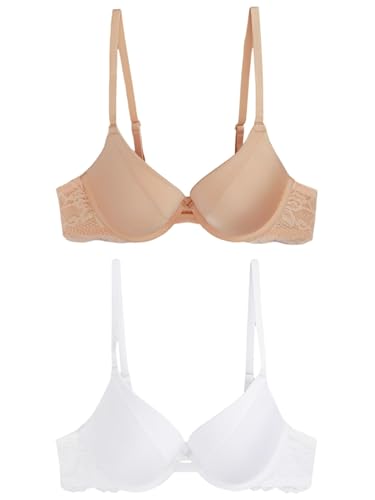NEXT 2 x Glättende Push-up-T-Shirt-BHS mit Dekolleté Weiß/Praliné Nude 75B von NEXT