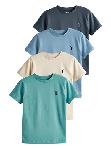 NEXT T-Shirts mit Hirsch-Stickerei, 4er-Pack Mineral Green/Blue 10 Jahre von NEXT