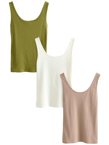 NEXT Gerippte Tops mit breiten Trägern, 3er-Pack Neutral M von NEXT