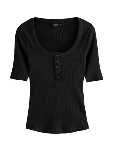 NEXT Geripptes Henley-Kurzarmoberteil mit Knöpfen Schwarz 48 von NEXT