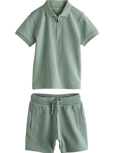 NEXT Kurzarm-Polohemd mit Reißverschluss und Shorts Sage Green Texture 12 Monate von NEXT