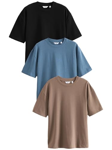NEXT Schwere Relaxed Fit T-Shirts im 3er Pack Blau/Schwarz/Neutral XL von NEXT