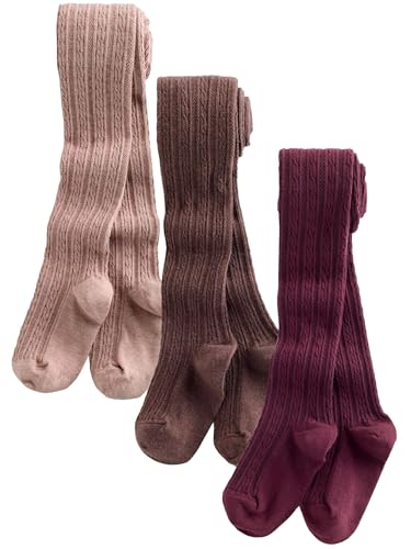NEXT Strumpfhose mit hohem Baumwollanteil und Zopfmuster, 3er-Pack Pink Berry Red and Chocolate Brown 5 Jahre von NEXT