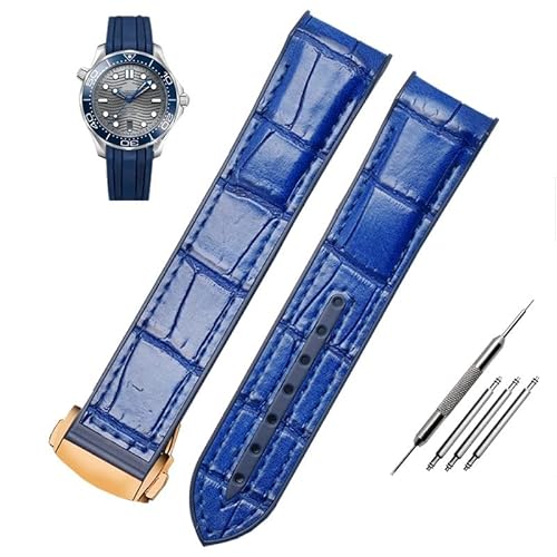 NEYENS Wasserdichtes Armband mit gebogenem Ende, echtes Leder, Silikon, Uhrenarmband für Omega Seamaster 007, mit Faltschließe, 20 mm, Achat von NEYENS