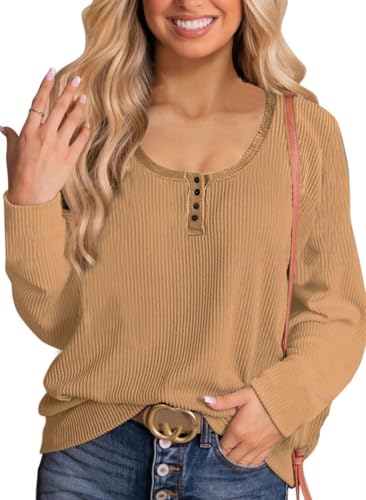 NEYOUQE Blusen & Tuniken Für Damen Langarm Knopfkragen Tshirt Damen Einfarbige Rundhalsausschnitt Pullover Damen Herbst und Winter Khaki XL 48-50 von NEYOUQE