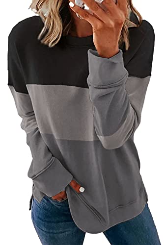 NEYOUQE Damen Tshirt Pullover Longshirt Langarm Farbblock Rundhals Seitenschlitz lässig Pulli Sweatshirt Damen Schwarz M von NEYOUQE