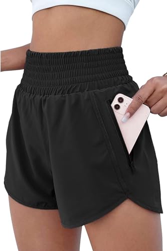 NEYOUQE Damen Kurze Hose High Waist Sport Shorts Elastischer Bund mit Taschen Sporthose Damen Einfarbig Casual Jogginghose Schwarz L von NEYOUQE