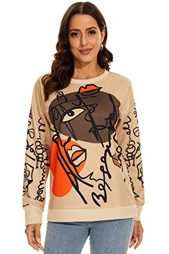 NEYOUQE Sweatshirts für Damen Longsleeve Rundhals Farbblock Pulli Damen Drucke Graffiti Shirt Langarm Damen Lässig Casual Sweatshirts Khaki L 44-46 von NEYOUQE