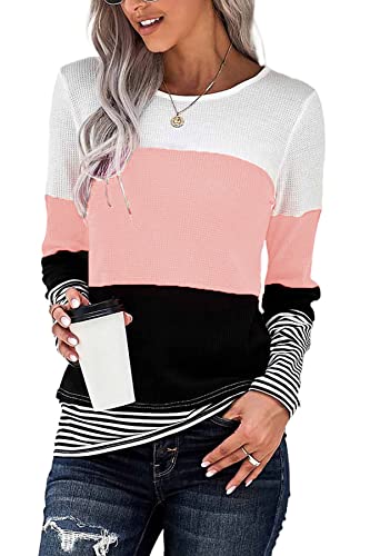 NEYOUQE Damen Pullover Langarm Rundhals Color Block Gestreift Longsleeve Tshirt Beliebten Pullover Basic Tops Bekleidung Langarmshirt Damen Rosa XL 48-50 von NEYOUQE