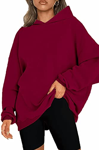 NEYOUQE Damen Pullover Herbst Einfarbig Loose Langarmshirt Damen Fleece Gefüttert Soft Casual Kapuzenpullover Damen Sweatshirt Rot L 44-46 von NEYOUQE