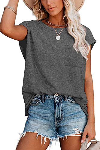 NEYOUQE Damen Pullover Kurzarm Gestreift Rundhals Kurzarm Tshirt Beliebten Pullover Basic Einfarbig Kurzarm Damen Grau L 44-46 von NEYOUQE