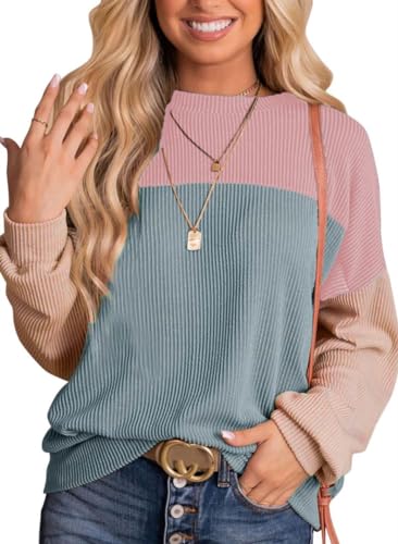 NEYOUQE Damen Pullover Langarm Farbblock Gestreift Rundhals Longsleeve Tshirt Beliebten Pullover Basic Pullover Damen Rosa Blau XL 48-50 von NEYOUQE