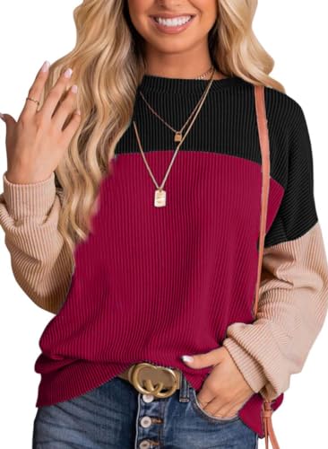 NEYOUQE Damen Pullover Langarm Rundhals Color Block Gestreift Longsleeve Tshirt Beliebten Pullover Basic Tops Bekleidung Tshirt Damen Schwarz Rotwein L 44-46 von NEYOUQE