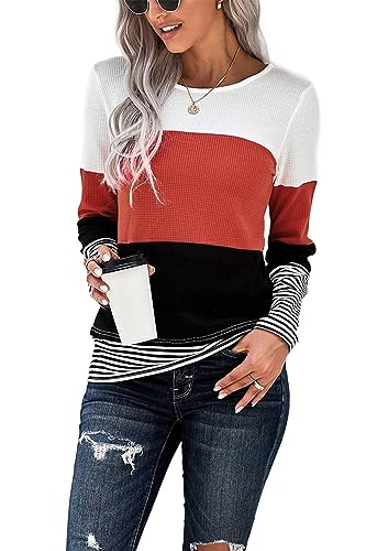 NEYOUQE Damen Pullover Longsleeve Farbblock Gestreift Rundhals Langarm Tshirt Beliebten Pullover Basic Pullover Damen Rot L 44-46 von NEYOUQE