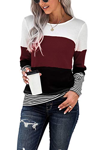 NEYOUQE Damen Pullover Rundhals Langarm Gestreift Farbblock Tshirt Beliebten Pullover Basic Tops Bekleidung Langarmshirt Damen Rotwein S 36-38 von NEYOUQE