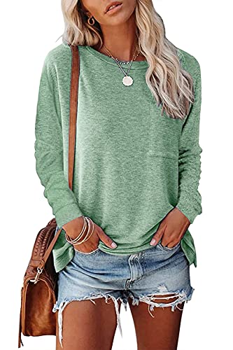 NEYOUQE Damen Pullover lang Gestreift Rundhals Longsleeve Tshirt Beliebten Pullover Basic Einfarbig Tops Bekleidung Erbsengrün S 36-38 von NEYOUQE