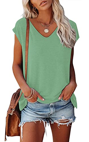 NEYOUQE Damen Shirt Flügelärmel Tank top U-Ausschnitt Einfarbiges T-Shirt für Frauen Kurzarm Tshirt Beliebten Pullover Basic Einfarbig top Shirt Kurzarm Damen Bohnengrün L 44-46 von NEYOUQE