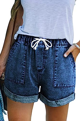 NEYOUQE Damen-Shorts Sommer Elastischer Bund mit Kordelzug Kurze Jeans Damen Einfarbig mit Taschen Big Short Casual Kurze Hosen Hellblau S 36-38 von NEYOUQE