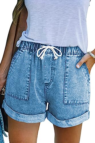 NEYOUQE Damen-Shorts Sommer Elastischer Bund mit Kordelzug Kurze Jeanshose Damen Einfarbig mit Taschen Big Short Jeans Kurze Hosen Himmelblau XL 48-50 von NEYOUQE