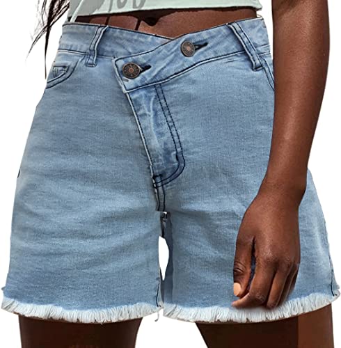 NEYOUQE Damen-Shorts Sommer Mittlere Taille Knopf Kurze Jeanshose Damen Einfarbig mit Taschen Big Short Casual Kurze Hosen Himmelblau L 44-46 von NEYOUQE