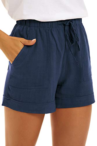 NEYOUQE Damen Shorts elastischer Kordelzug mit Taschen elegant Hotpants Kurze Hose Damen leinen Shorts Sommer Blau M von NEYOUQE