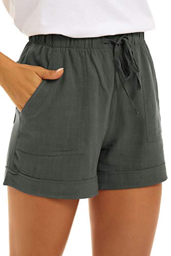 NEYOUQE Shorts Damen einfarbig lose mit Taschen elastischer Sommer Shorts Damen luftig Kurze Hose locker Salbeigrün S von NEYOUQE