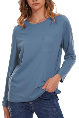 NEYOUQE Damen Tshirt Basic Langarm Einfarbig Tops Lässig Bluse Rundhals Longshirt Herbst Winter Oberteile Elegant Langarmshirt Blau X-Large von NEYOUQE