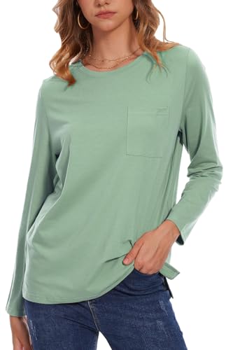 NEYOUQE Damen Tshirt Basic Langarm Einfarbig Tops Lässig Bluse Rundhals Longshirt Herbst Winter Oberteile Elegant Langarmshirt Erbsengrün Klein von NEYOUQE