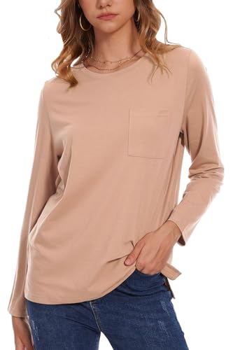 NEYOUQE Damen Tshirt Basic Langarm Einfarbig Tops Lässig Bluse Rundhals Longshirt Herbst Winter Oberteile Elegant Langarmshirt Khaki Mittel von NEYOUQE