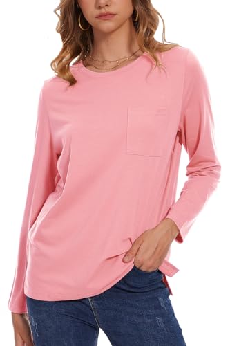 NEYOUQE Damen Tshirt Basic Langarm Einfarbig Tops Lässig Bluse Rundhals Longshirt Herbst Winter Oberteile Elegant Langarmshirt Rosa X-Large von NEYOUQE
