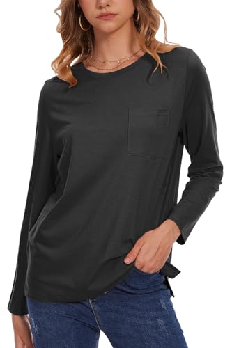 NEYOUQE Damen Tshirt Basic Langarm Einfarbig Tops Lässig Bluse Rundhals Longshirt Herbst Winter Oberteile Elegant Langarmshirt Schwarz X-Large von NEYOUQE