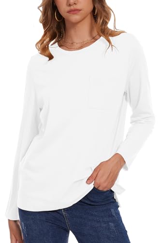 NEYOUQE Damen Tshirt Basic Langarm Einfarbig Tops Lässig Bluse Rundhals Longshirt Herbst Winter Oberteile Elegant Langarmshirt Weiß X-Large von NEYOUQE
