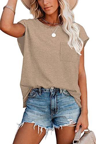 NEYOUQE Damen Tshirt Gestreift Rundhals Kurzarm Tshirt Beliebten Pullover Basic Einfarbig Tops Bekleidung Khaki XXL 50-52 von NEYOUQE