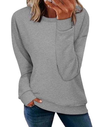 NEYOUQE Damen Tshirt Loose Langarm Rundhals Einfarbig Seitenschlitz Shirt Sport Sweatshirt Pullover Damen Longshirt Grau XL von NEYOUQE