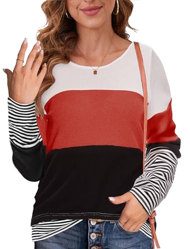 NEYOUQE Pullover Damen Gestreift Rundhals Langarm Tshirt Beliebten Pullover Basic Tops Bekleidung Shirts Basic Damen Rot XL 48-50 von NEYOUQE